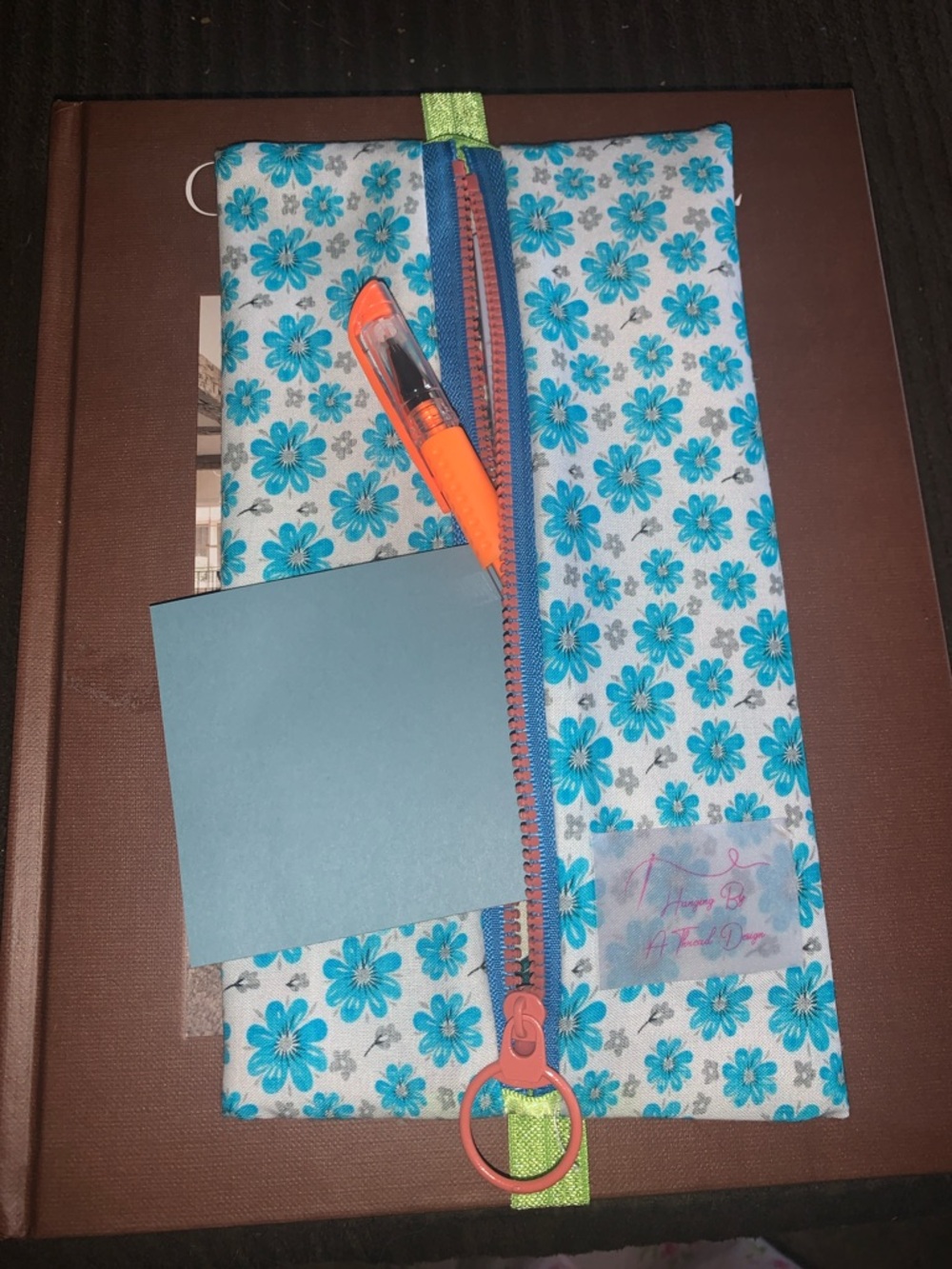 Floral Blue Cotton Pencil Case with Coral Zipper - Picture 5 of 8